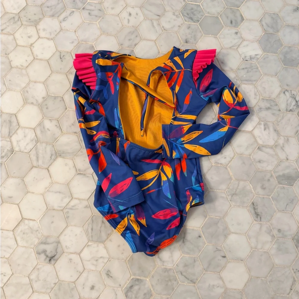 Kids Long Sleeve One-Piece Swimsuit - Navy Floral with Pink Ruffle